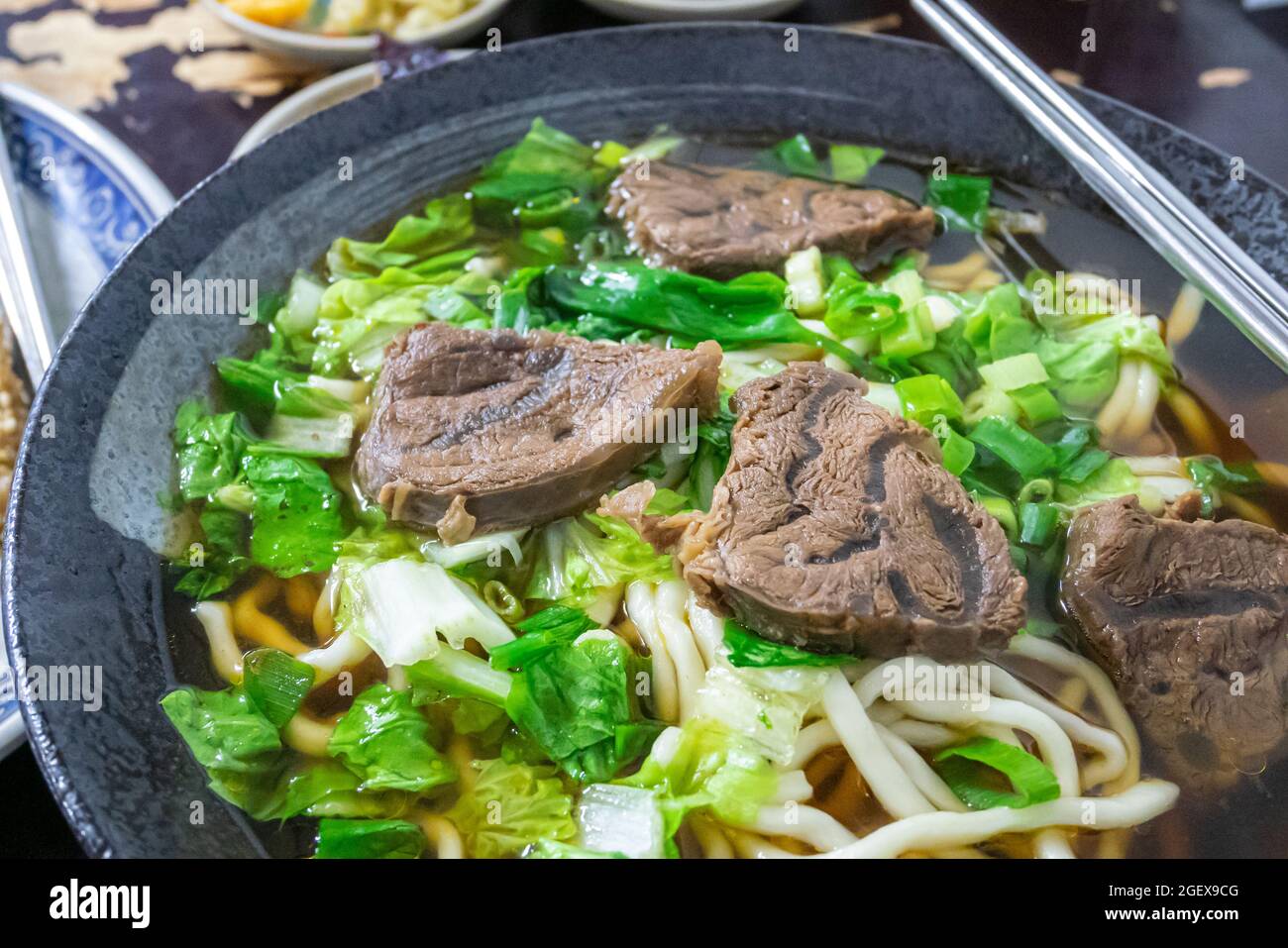 Taiwan beef noodle, a close up of Taiwanese tradition seasoned soup