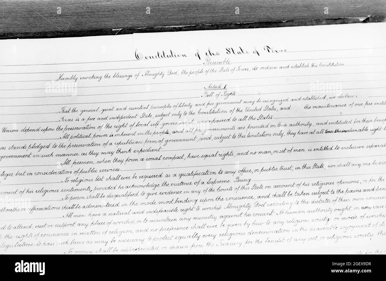 Austin Texas USA, circa 1987: First page of the handwritten 1876 version of the Texas Constitution, housed at the Texas State Archives collection. ©Bob Daemmrich Stock Photo
