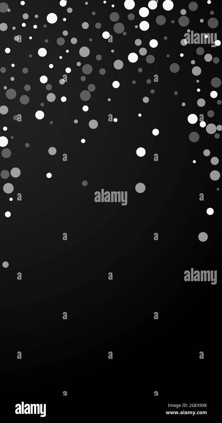 White dots Christmas background. Subtle flying snow flakes and stars on black background. Amazing winter silver snowflake overlay template. Mind-blowi Stock Vector
