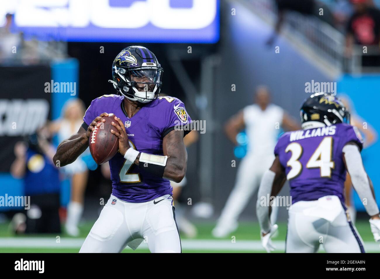August 21, 2021: Baltimore Ravens quarterback Tyler Huntley (2) looks to throw against the Carolina Panthers in the NFL matchup at Bank of America Stadium in Charlotte, NC. (Scott Kinser/Cal Sport Media) Stock Photo