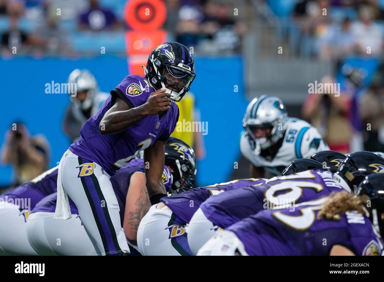 August 21, 2021: Carolina Panthers running back Spencer Brown (33) runs to  the outside against the Baltimore Ravens in the NFL matchup at Bank of  America Stadium in Charlotte, NC. (Scott Kinser/Cal