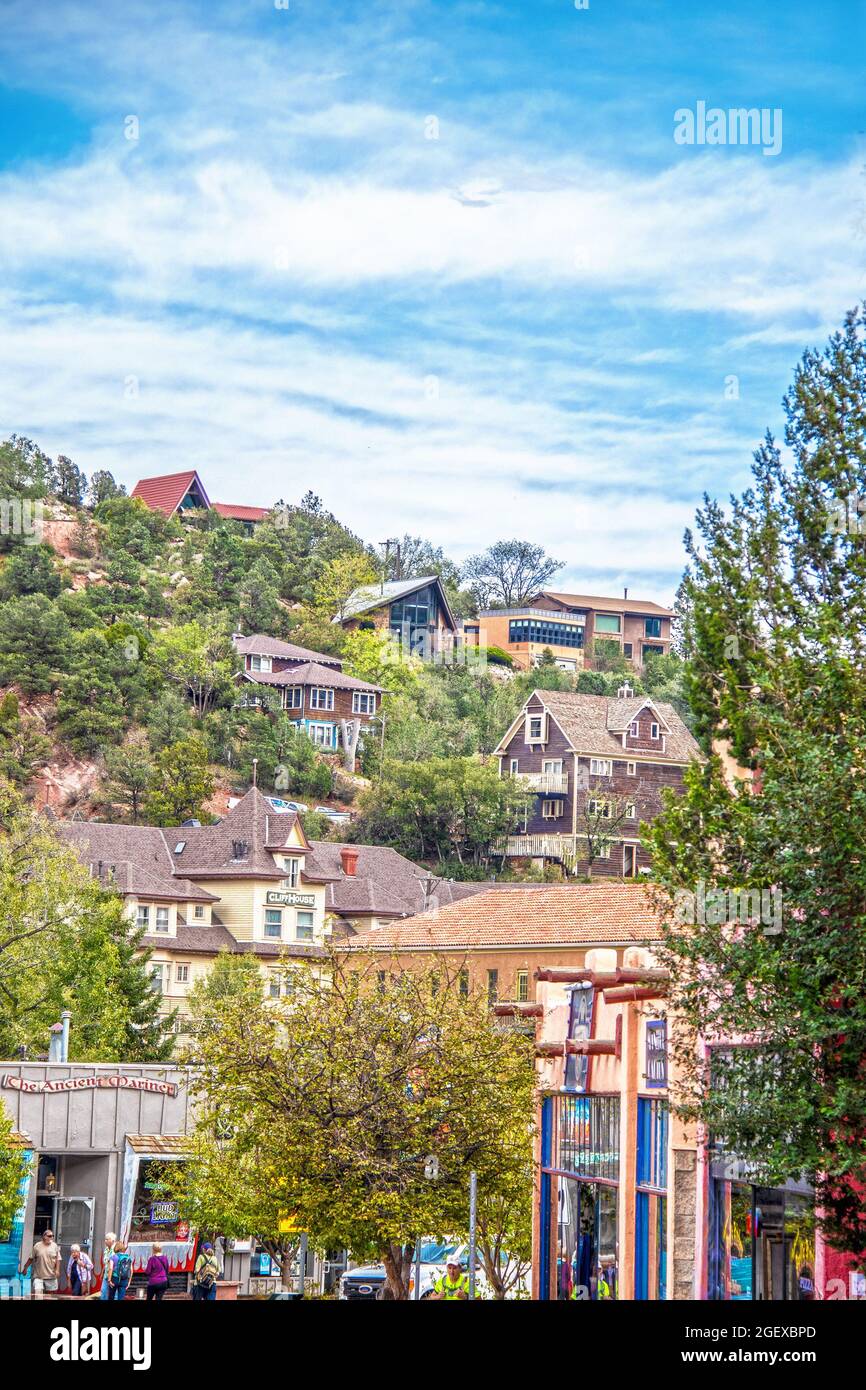 09 19 2019 Manitou Springs Co. USA - Houses cling to mountainside in smal hippy town under Pikes Peak Stock Photo