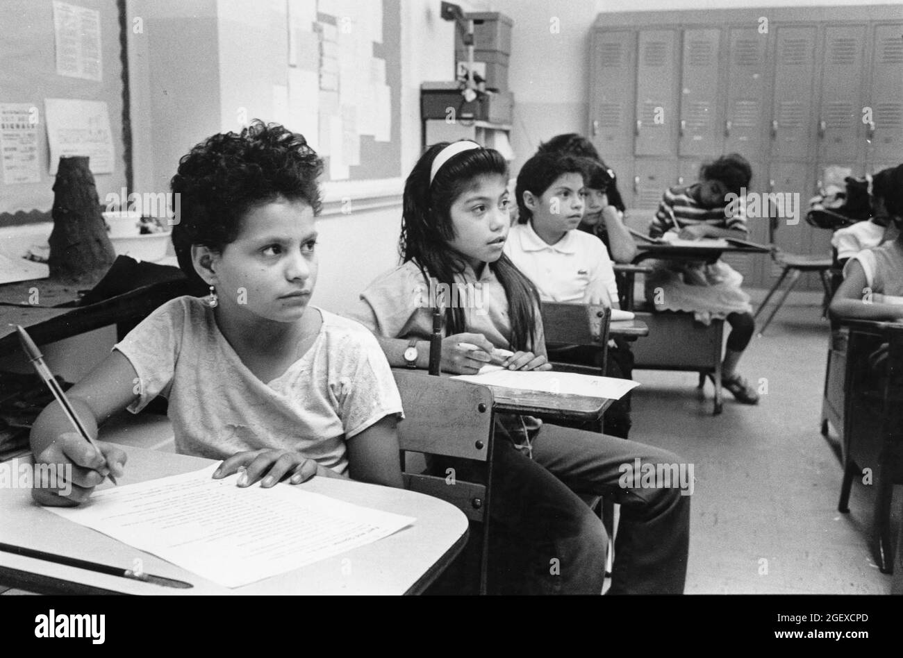 Austin Texas USA, circa 1994: Spanish-speaking first grade students in bilingual education class at  Sanchez Elementary School. ©Bob Daemmrich Stock Photo