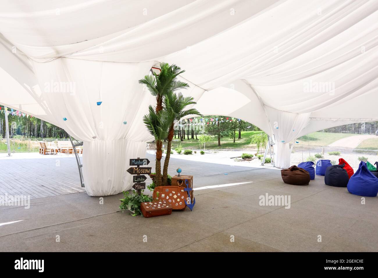 Soft beanbag chairs in the open-air tent Stock Photo