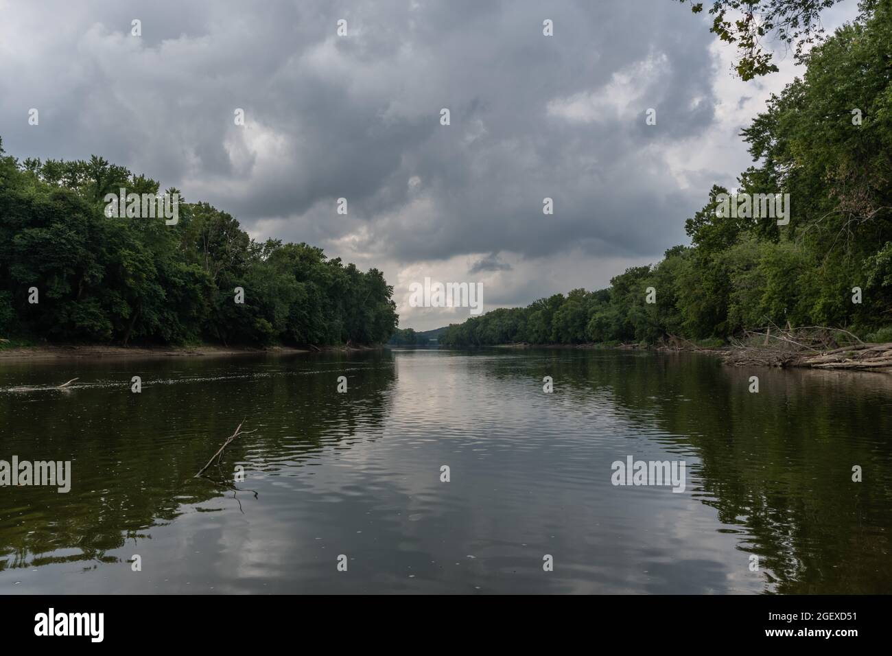 Scenic Wabash river vista in the summer set against dramatic sky