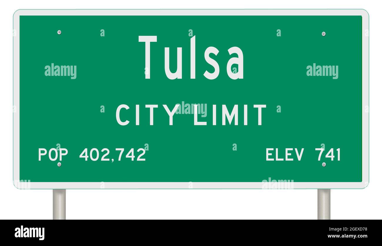 Rendering of a green Oklahoma highway sign with city information Stock