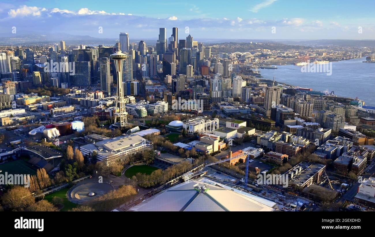SPACE NEEDLE AND THE SEATTLE SKYLINE AERIAL VIEW Stock Photo