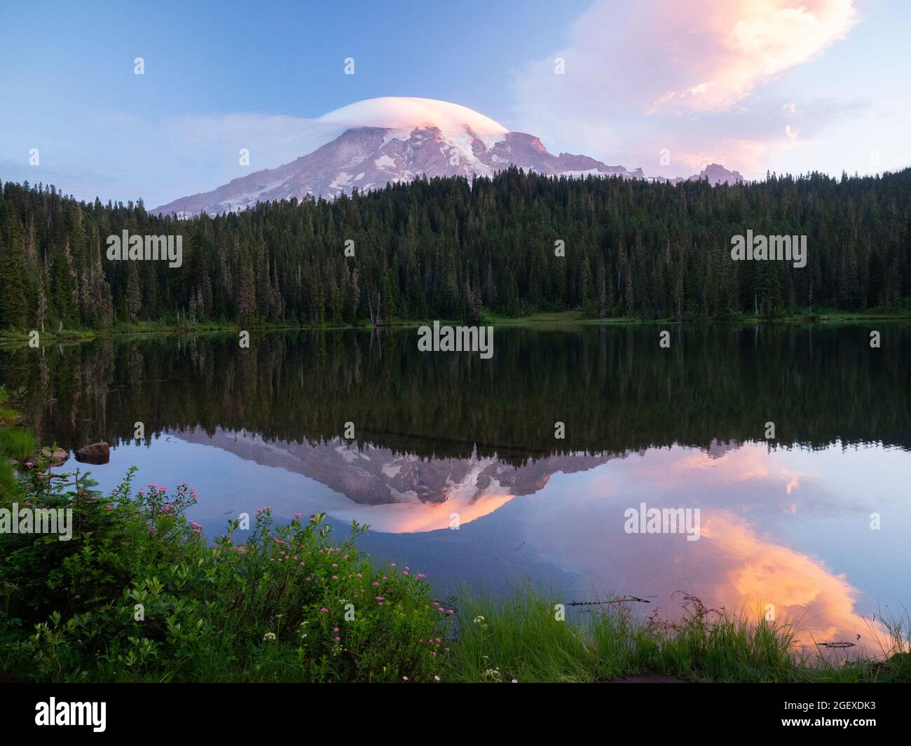 Mount Rainier and Reflection Lake at Sunrise Stock Photo - Alamy