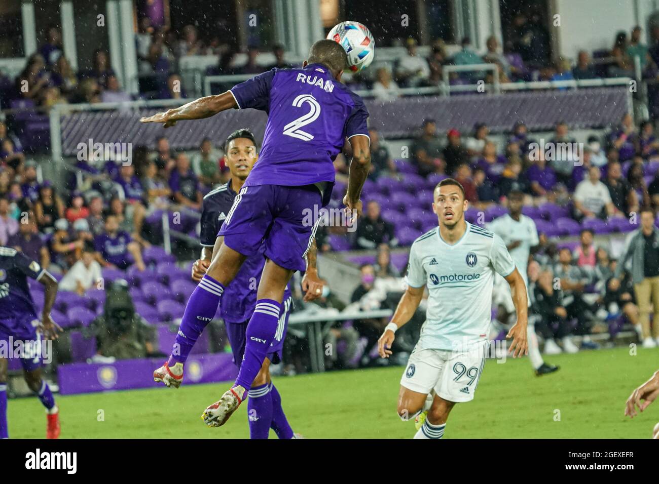 Orlando, Florida, USA, August 21, 2021, Orlando City SC player Ruan #2 makes a header at Exploria Stadium.  (Photo Credit:  Marty Jean-Louis) Stock Photo