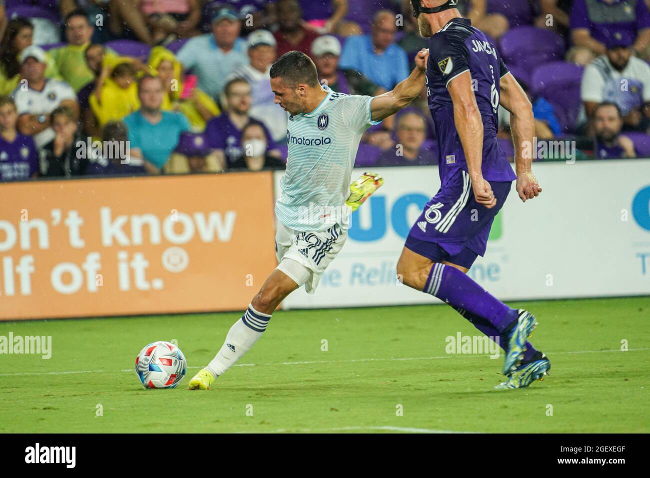 Orlando, Florida, USA, August 21, 2021, Chicago Fire player Stanislav Ivanov #99 attempt to score against Orlando City SC at Exploria Stadium.  (Photo Credit:  Marty Jean-Louis) Stock Photo