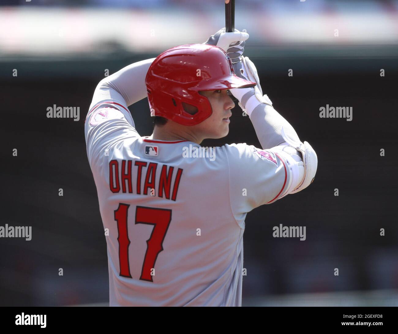 Cleveland, United States. 21st Aug, 2021. Los Angeles Angels Shohei Ohtani (17) prepares to bat in the first inning against the Cleveland Indians at Progressive Field in Cleveland, Ohio on Saturday, August 21, 2021. Photo by Aaron Josefczyk/UPI Credit: UPI/Alamy Live News Stock Photo