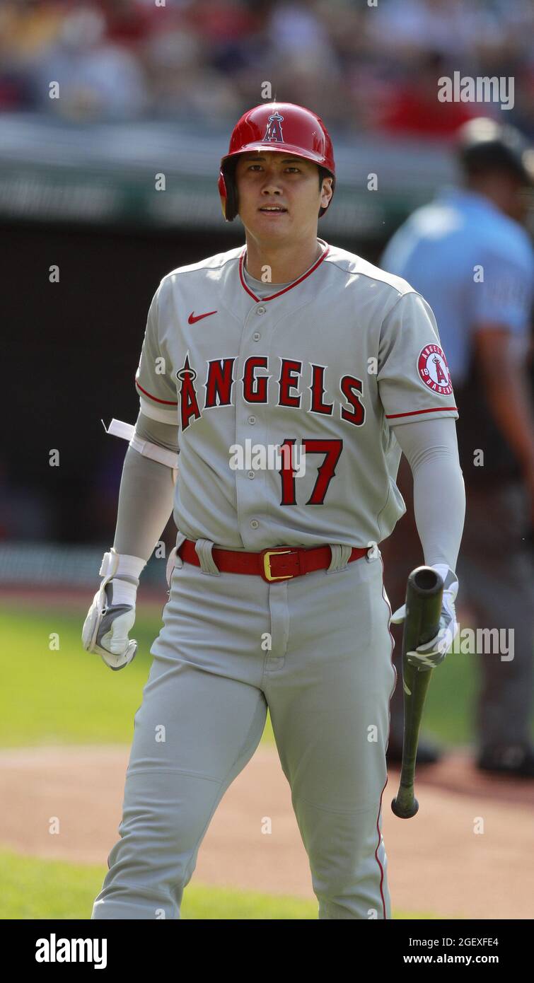 Cleveland, United States. 21st Aug, 2021. Los Angeles Angels Shohei Ohtani (17) strikes out in the first inning against the Cleveland Indians at Progressive Field in Cleveland, Ohio on Saturday, August 21, 2021. Photo by Aaron Josefczyk/UPI Credit: UPI/Alamy Live News Stock Photo