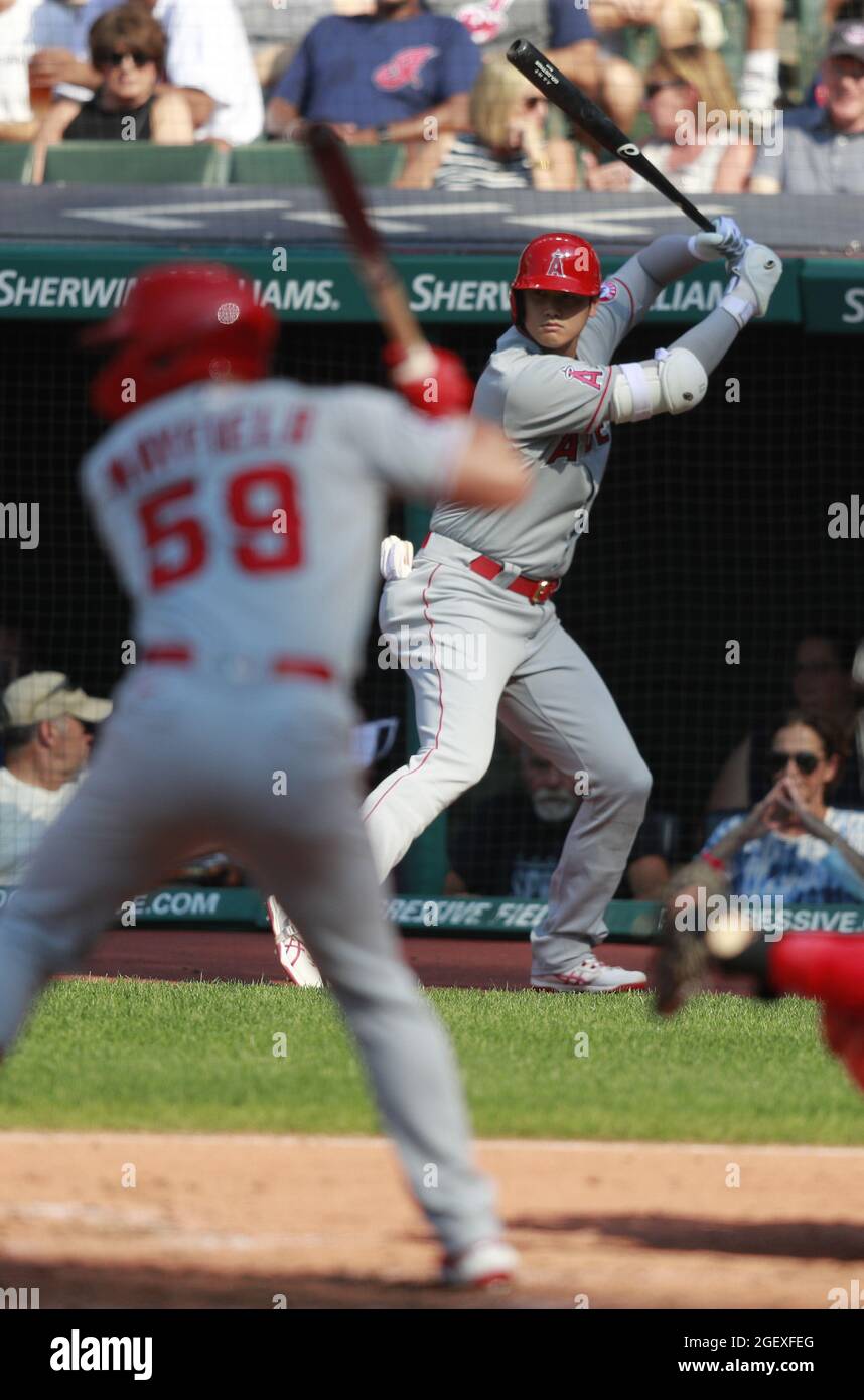 Cleveland, United States. 21st Aug, 2021. Los Angeles Angels Shohei Ohtani (17) prepares to bat in the third inning against the Cleveland Indians at Progressive Field in Cleveland, Ohio on Saturday, August 21, 2021. Photo by Aaron Josefczyk/UPI Credit: UPI/Alamy Live News Stock Photo