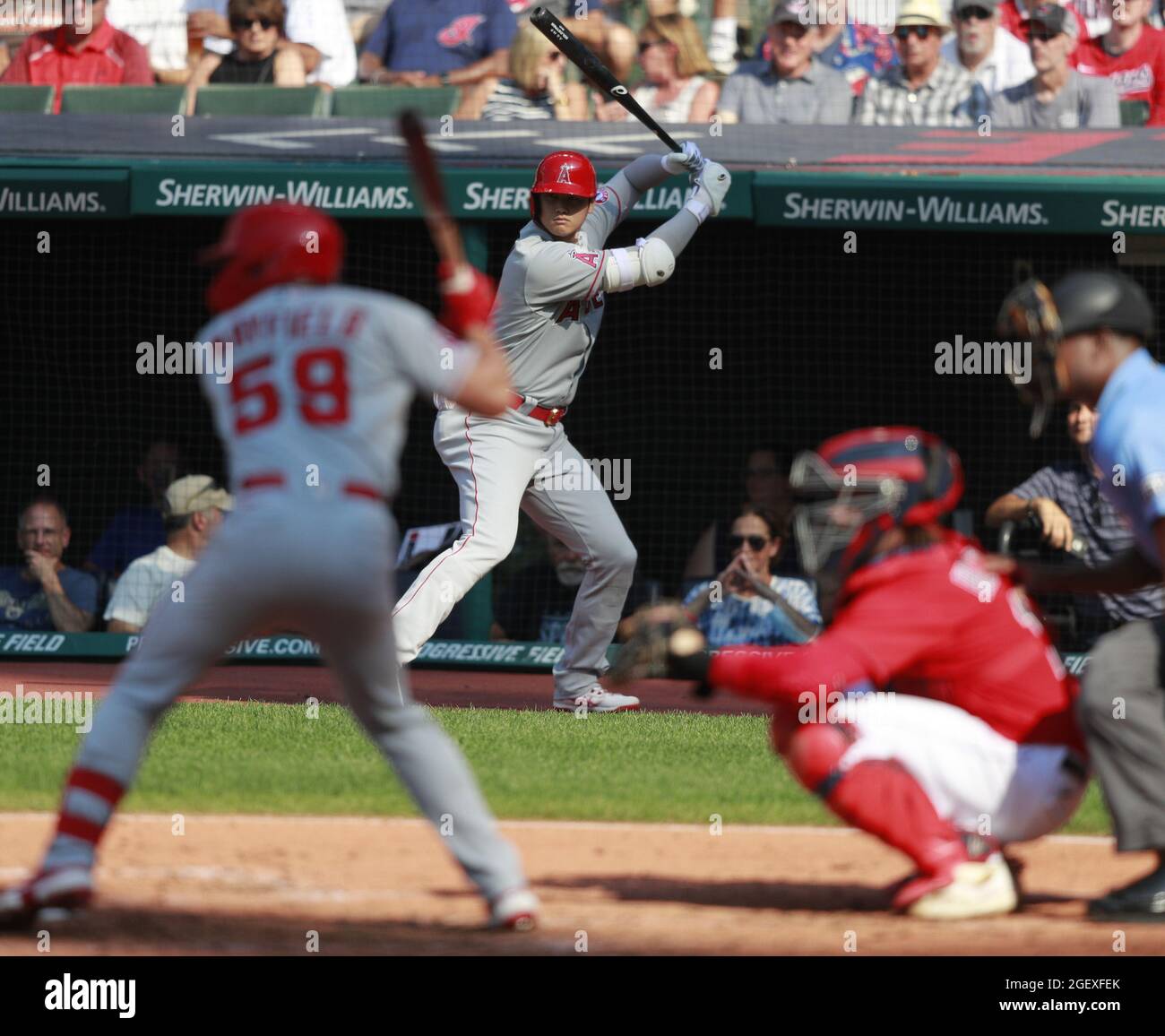 Cleveland, United States. 21st Aug, 2021. Los Angeles Angels Shohei Ohtani (17) prepares to bat in the third inning against the Cleveland Indians at Progressive Field in Cleveland, Ohio on Saturday, August 21, 2021. Photo by Aaron Josefczyk/UPI Credit: UPI/Alamy Live News Stock Photo