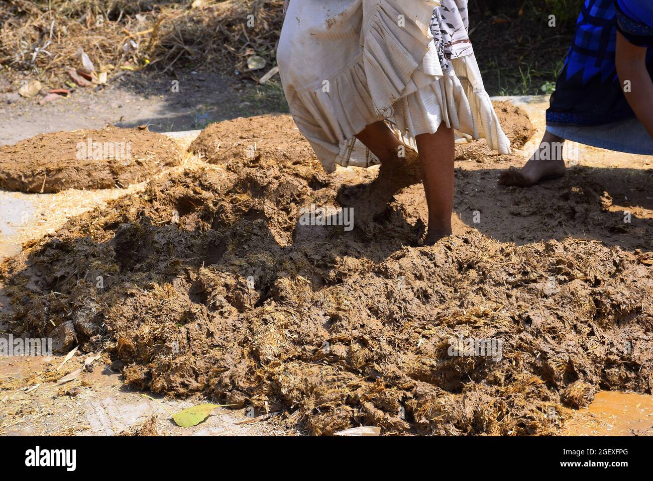 feet of a woman while trampling the soil to build a wall Stock Photo