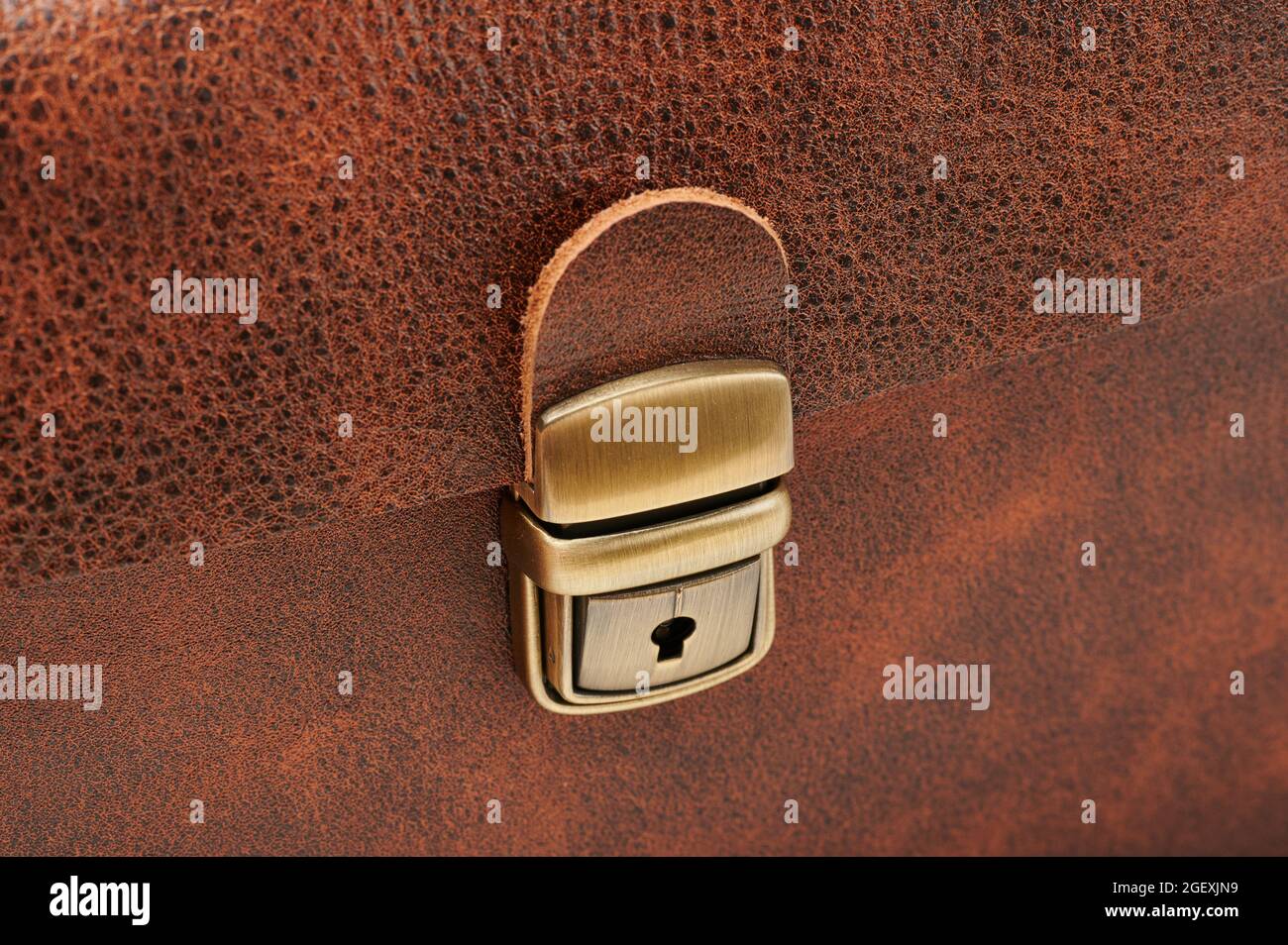 Gold color metal buckle on brown color leather background Stock Photo