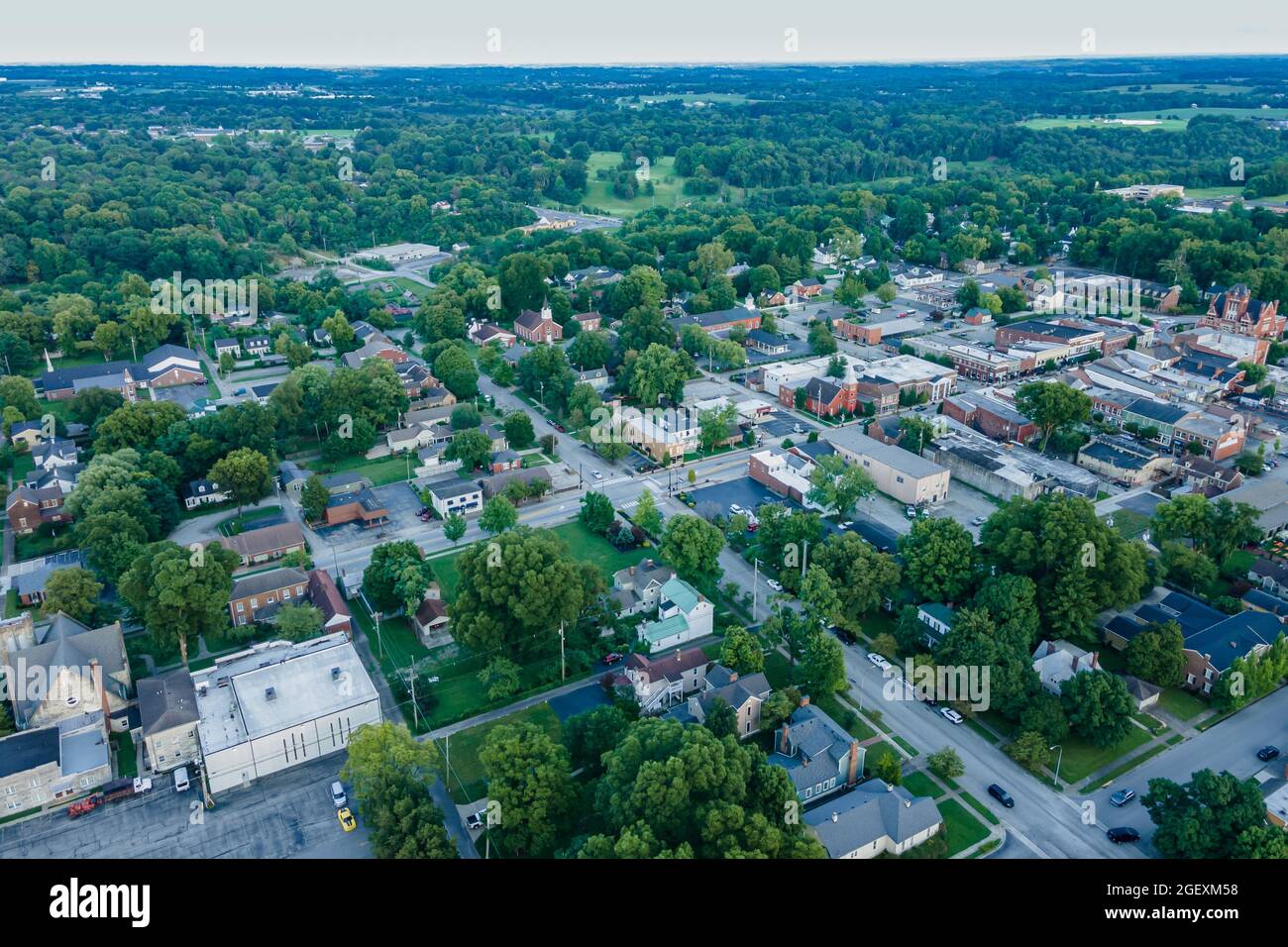 Adorable aerial view of the historic Bardstown, KY on a sunny