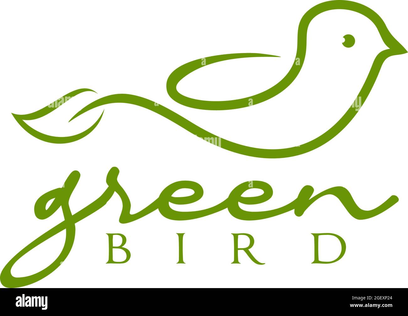 Line art green leaf little bird vector logo design Stock Vector