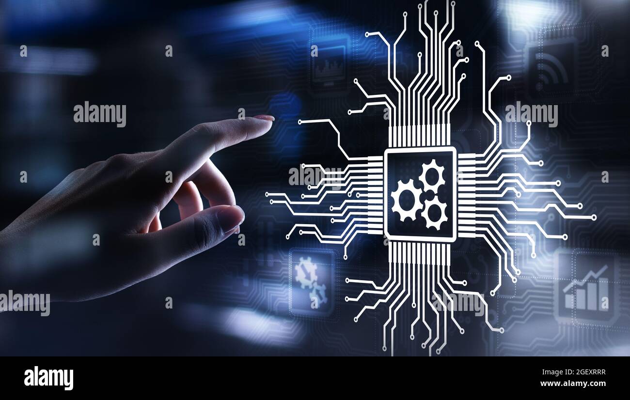 Automation Process Screen Gears mechanism on virtual screen. Automation and business process flow ...