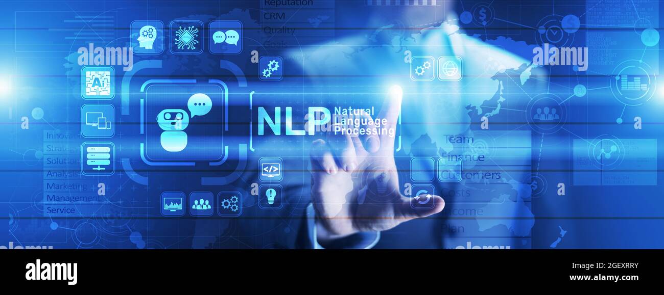 NLP natural language processing cognitive computing technology concept on virtual screen. Stock Photo