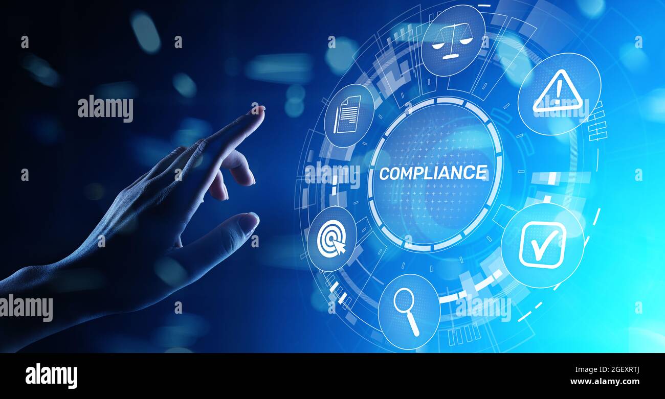 Compliance concept with icons and text. Regulations, law, standards ...