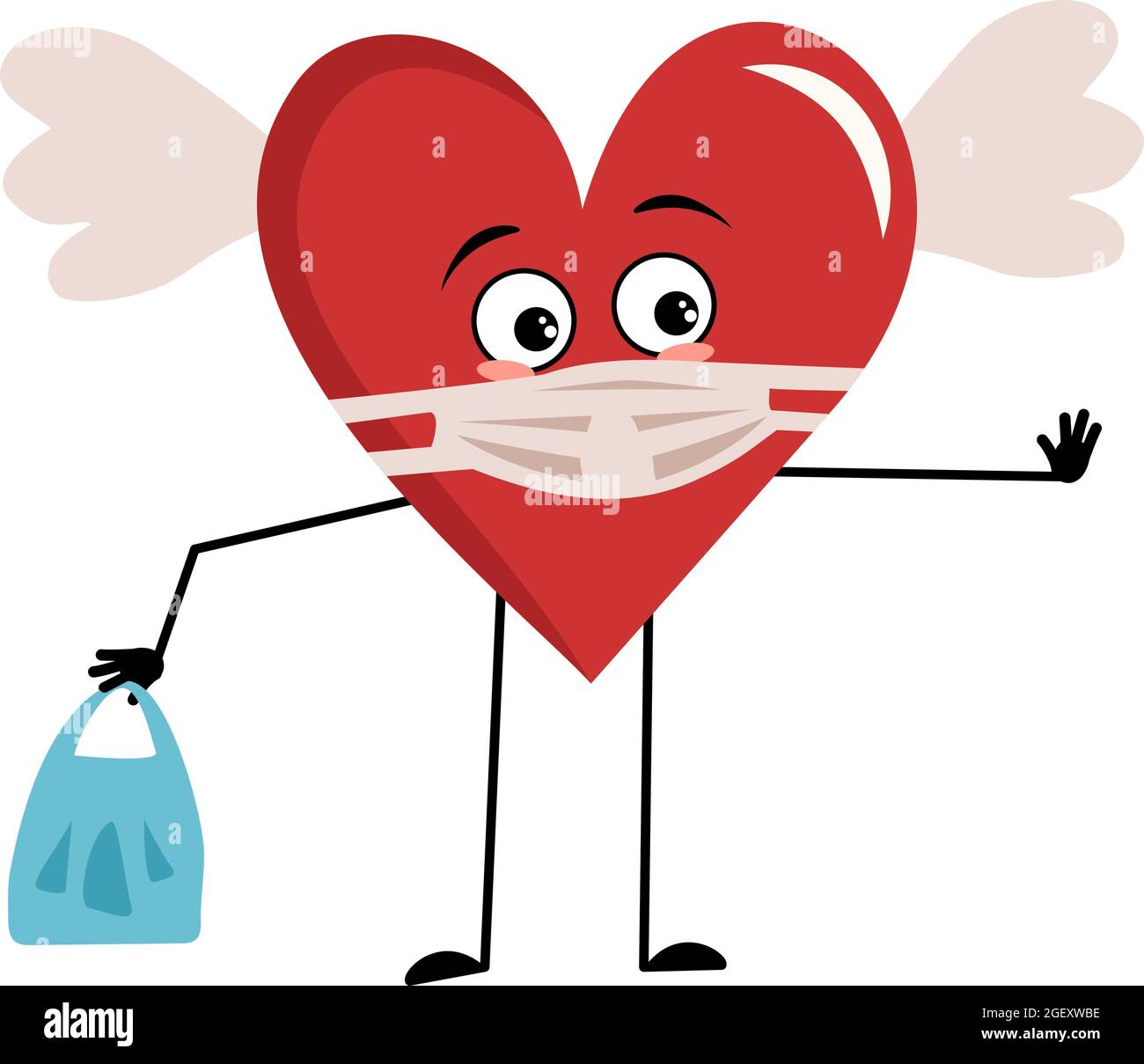 Cute character red heart with wings and sad emotions, face and mask keep distance, hands with shopping bag and stop gesture. Festive decoration for valentine day Stock Vector