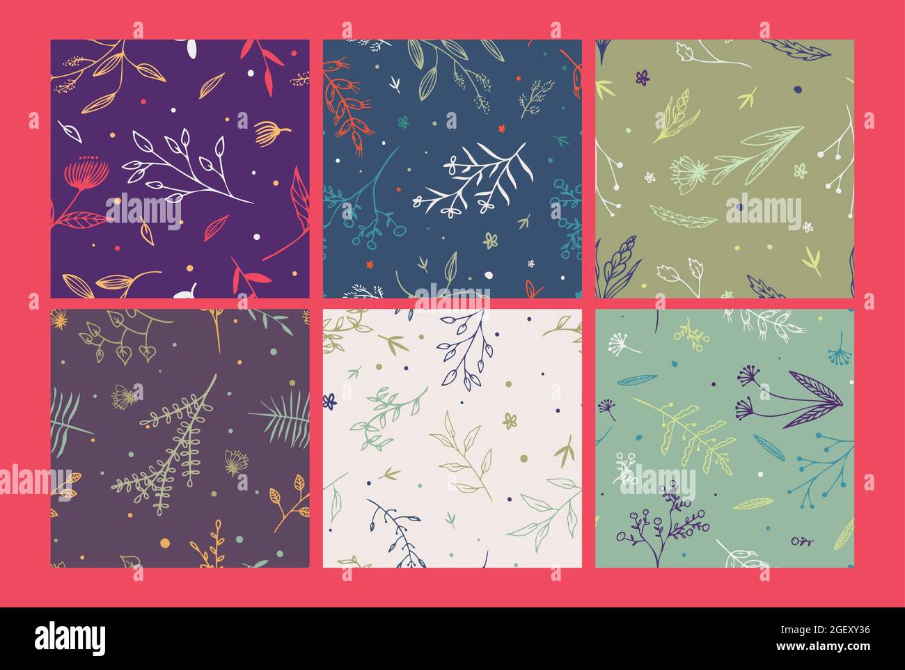 Seamless hand-drawn pastel color floral pattern set Stock Vector