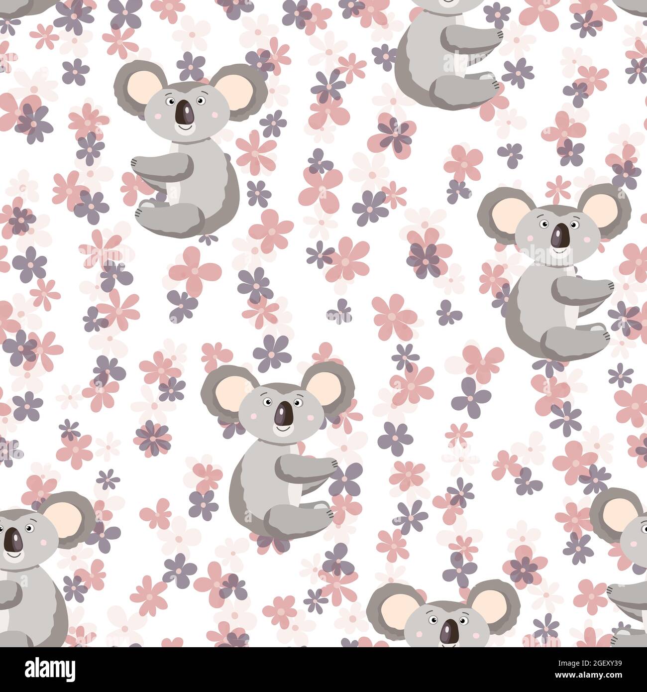 Seamless pattern with cute koala baby and flowers on white background ...