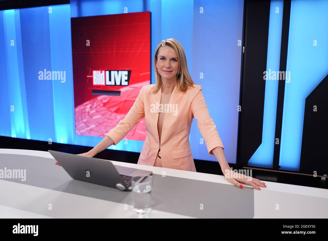 Berlin, Germany. 16th Aug, 2021. Janina Kirsch, BILD show boss and host of  the program "Jetzt reden Vier", stands in the studio of the TV station  "Bild". The new TV station "Bild"