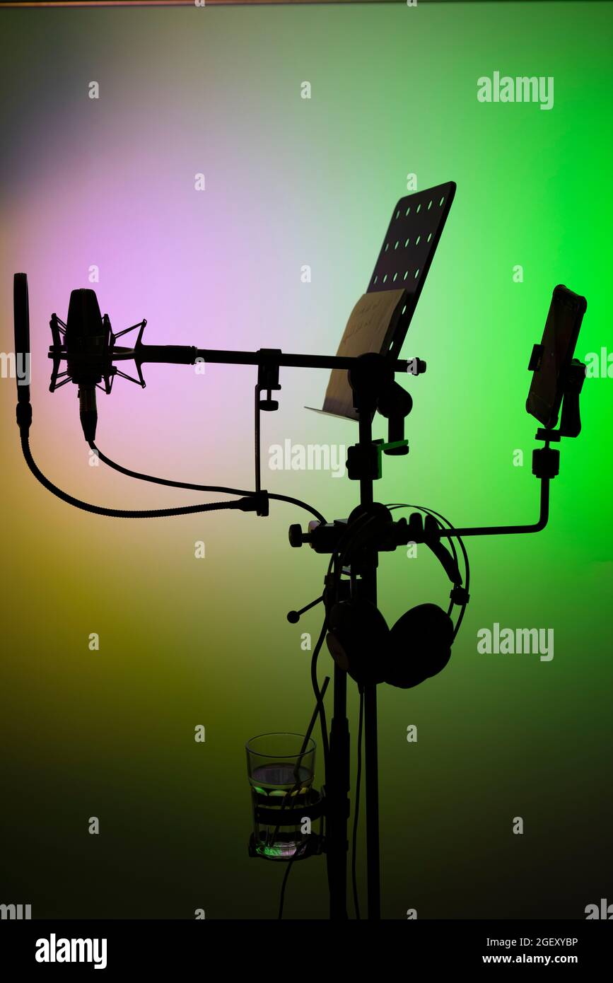 Voiceover studio large diaphragm cardioid microphone, headphones and lectern in professional