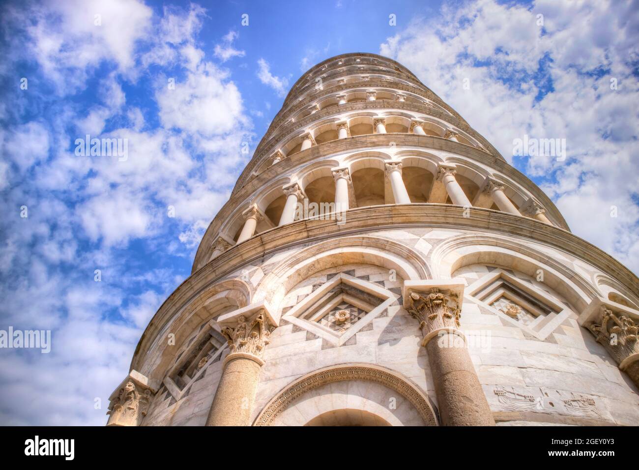 Architectural details of the famous leaning tower of Pisa Stock Photo
