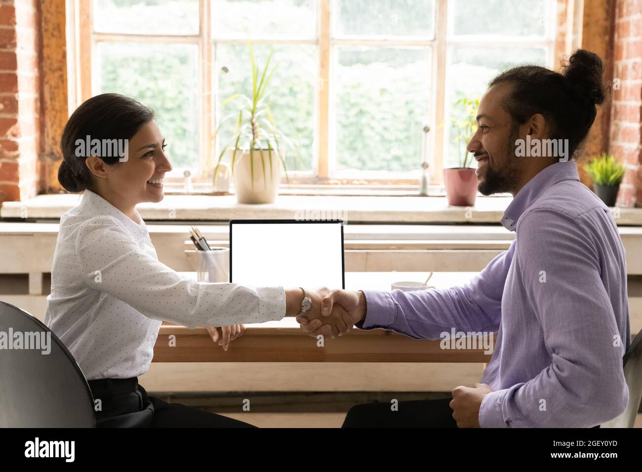 Sales manager and client accomplish meeting shake hands express gratitude Stock Photo