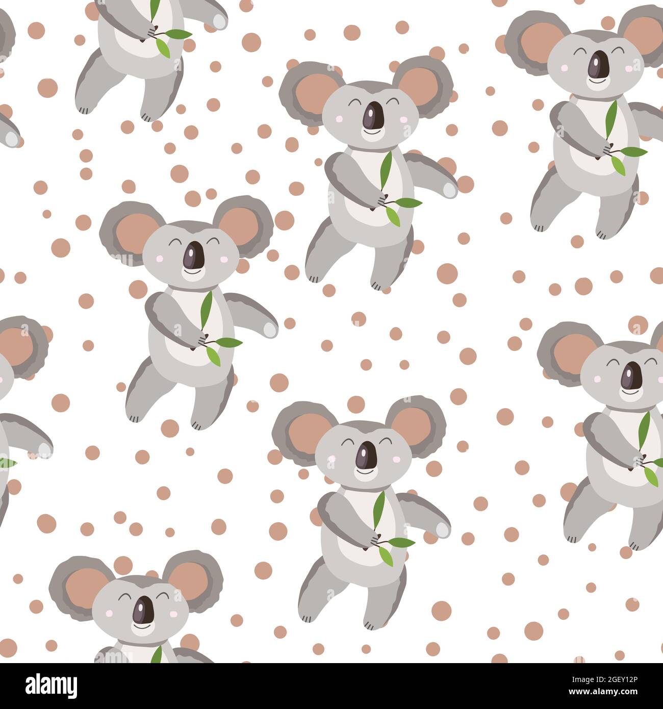 Seamless pattern with cute koala baby and hearts on white polka dots ...