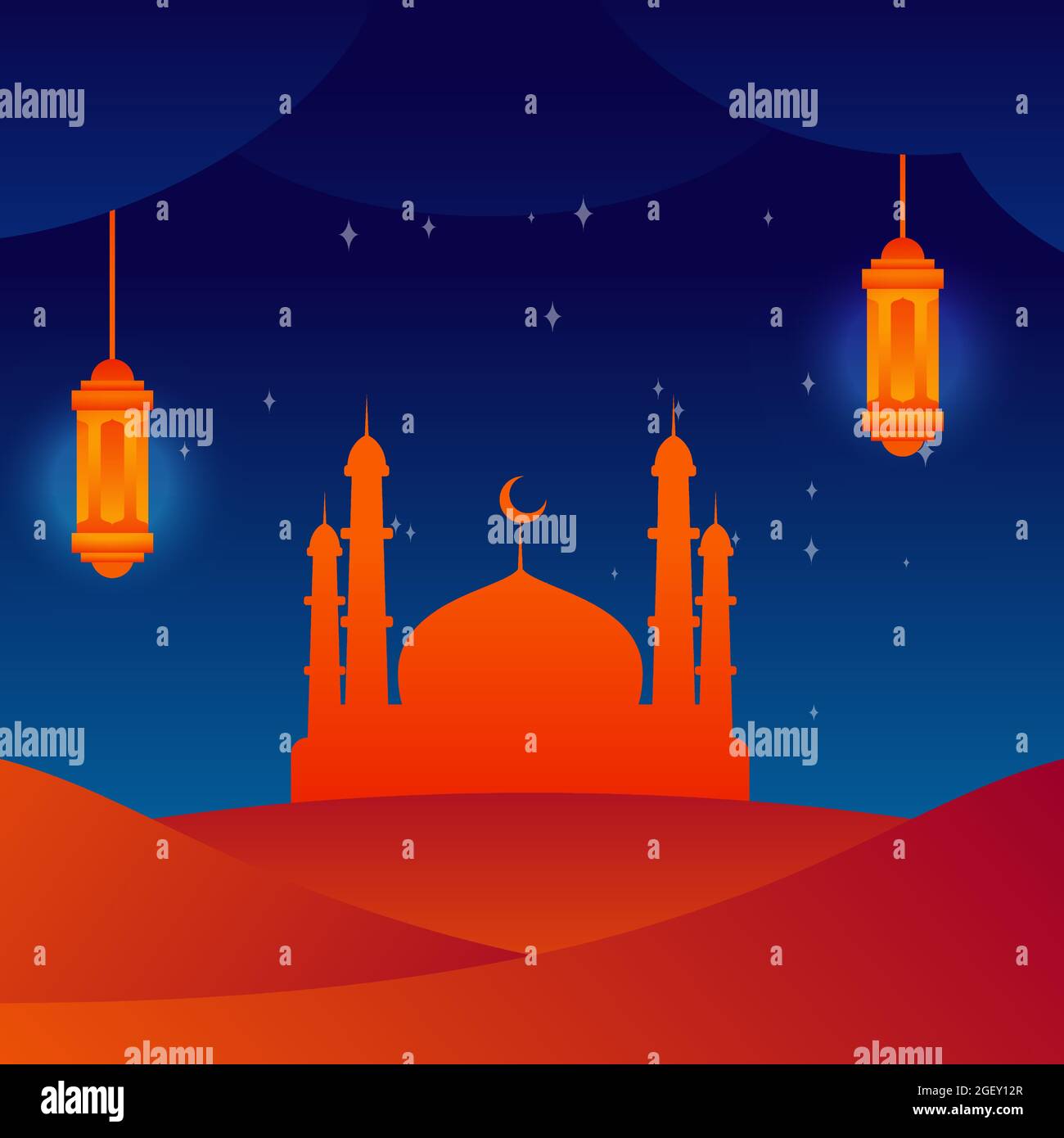 Ramadan kareem mosque on desert vector and hanging lantern with gradient effect Stock Vector