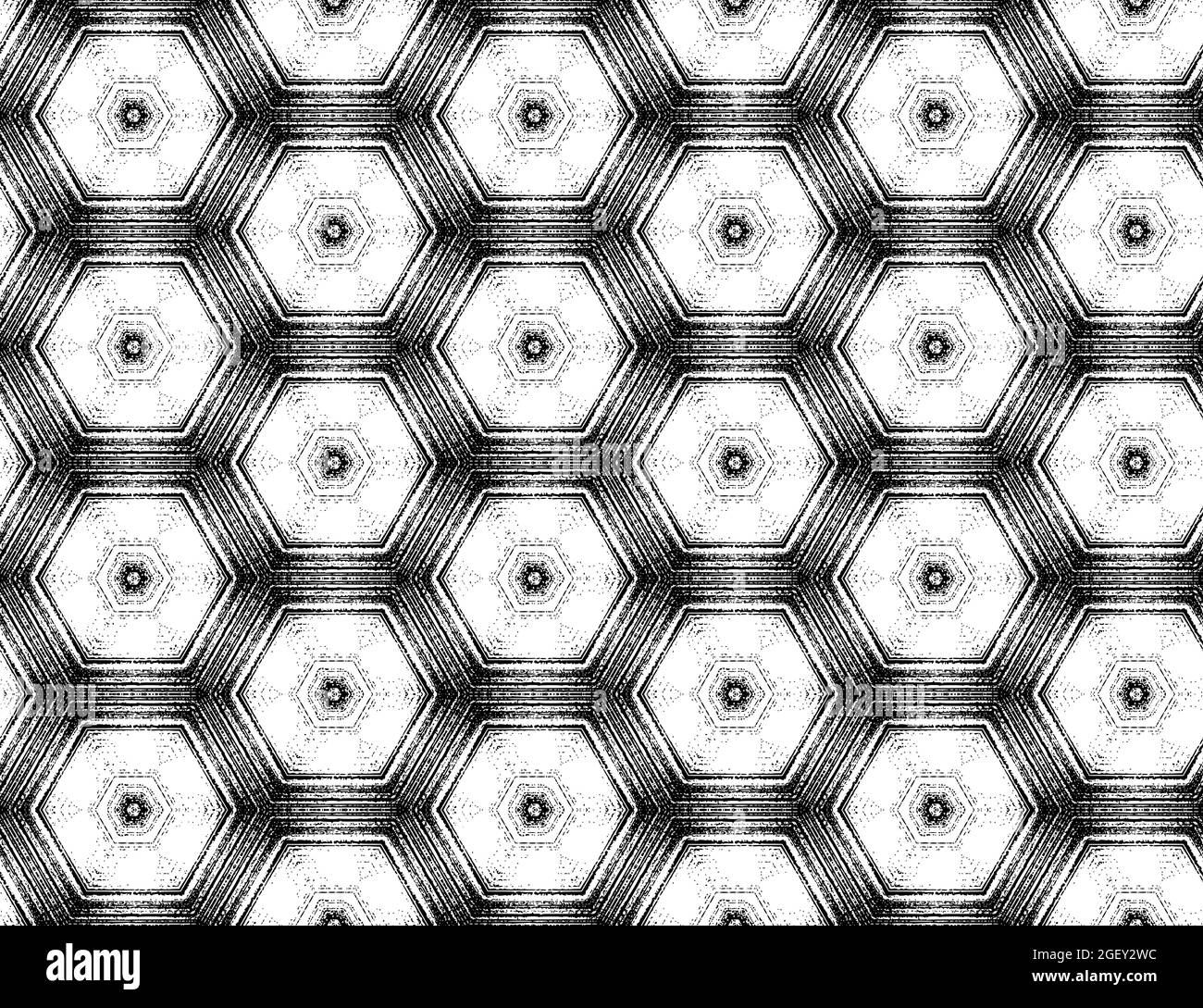 Seamless hexagon textured pattern with kaleidoscope effect. Symmetric abstract geometric ornament in black and white for digital paper, textile printing, wallpaper background design. Stock Vector