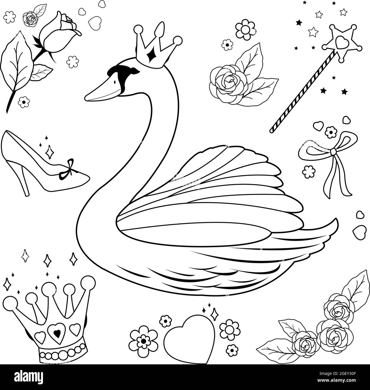 Swan princess fairy tale set. Vector black and white coloring page ...