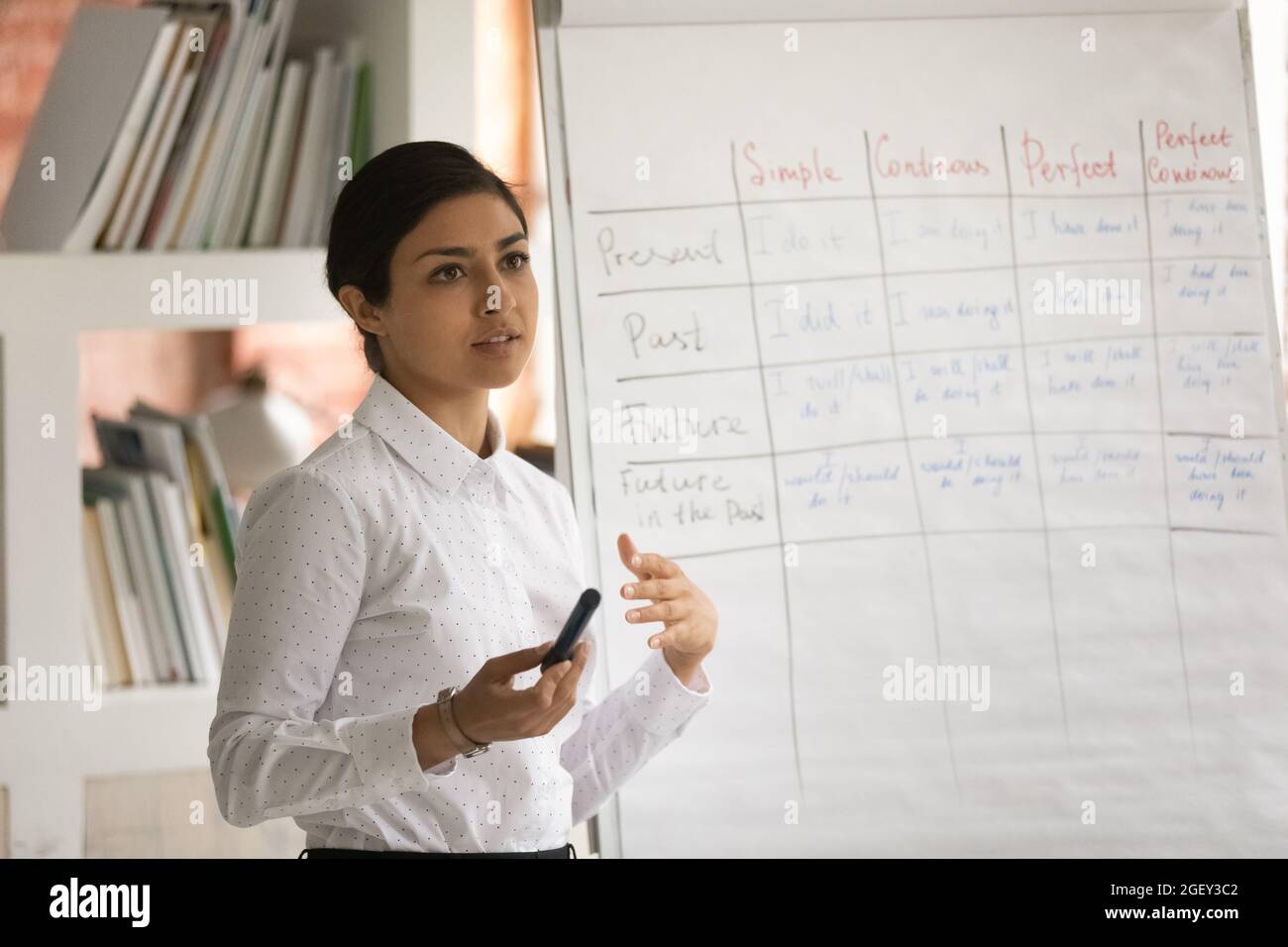 Indian female teacher teaches audience english tenses shown on flipchart Stock Photo
