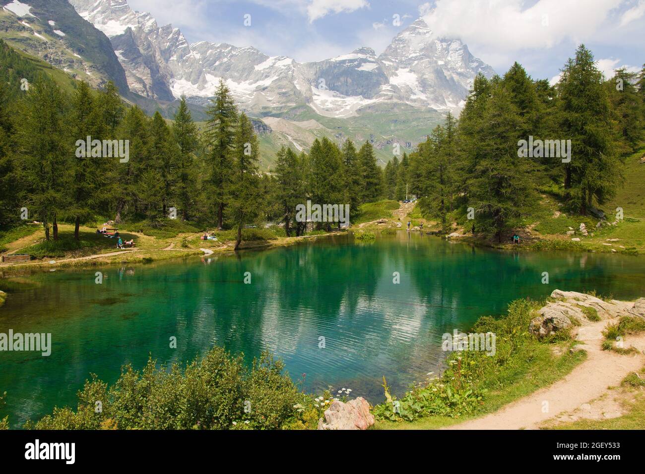 View of the lake Lago Blu near Breuil-Cervinia, Val D'Aosta,Italy. Beautiful mountain landscape in sunny day Stock Photo