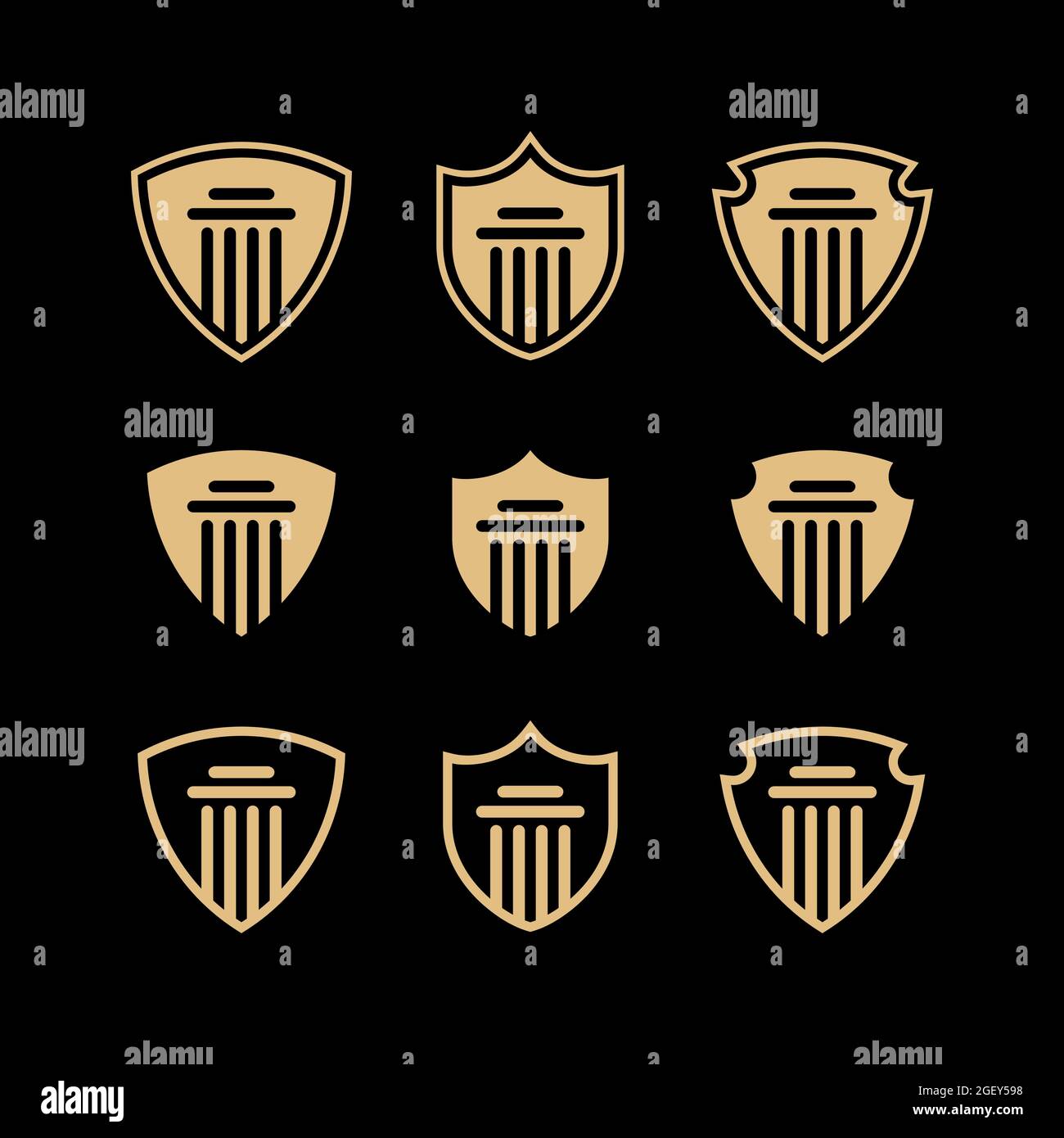 PILLAR LOGO. PILLAR WITH SHIELD LOGO BLACK AND GOLD. PILLAR LUXURY LOGO