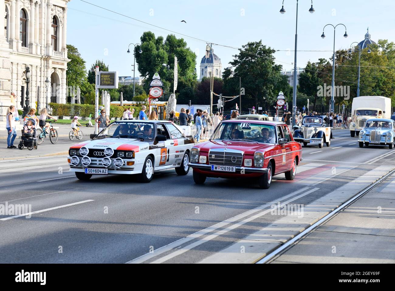 Vienna. Austria. The Vienna Classic Days 21.-22. August 2021. The rolling automobile museum in the middle of Vienna. Probably Audi Urquattro 85 1983 and Mercedes Benz 230 1975 in front Stock Photo