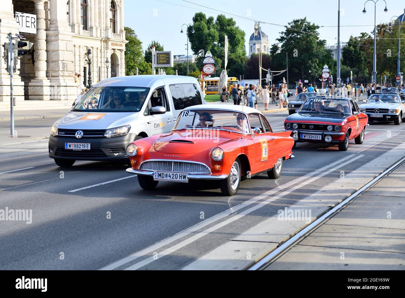 Vienna. Austria. The Vienna Classic Days 21.-22. August 2021. The rolling automobile museum in the middle of Vienna. Probably Auto Union DKW 100 SP 1961 and Opel Manta 1974 in front Stock Photo