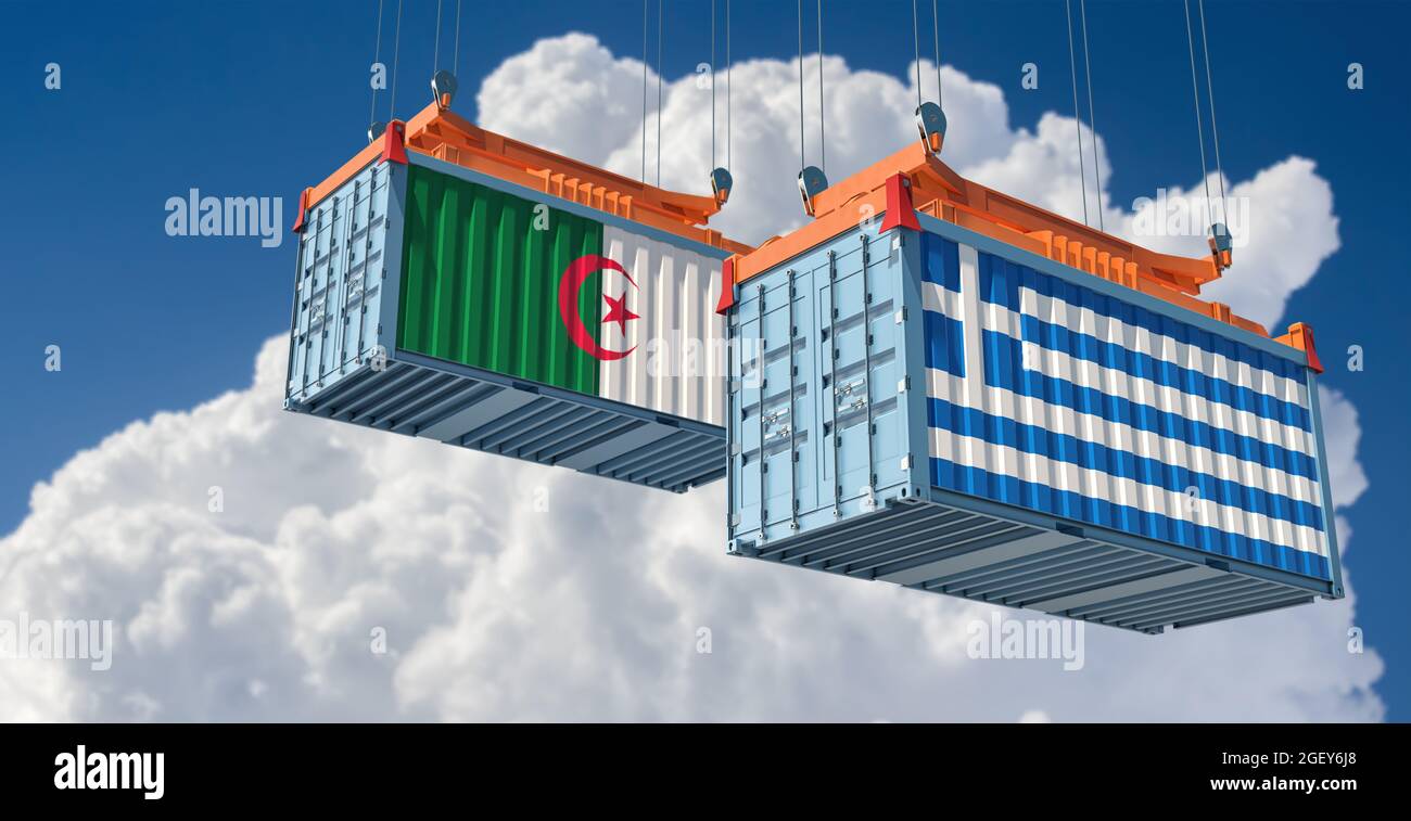 Freight containers with Algeria and Greece national flags. 3D Rendering ...