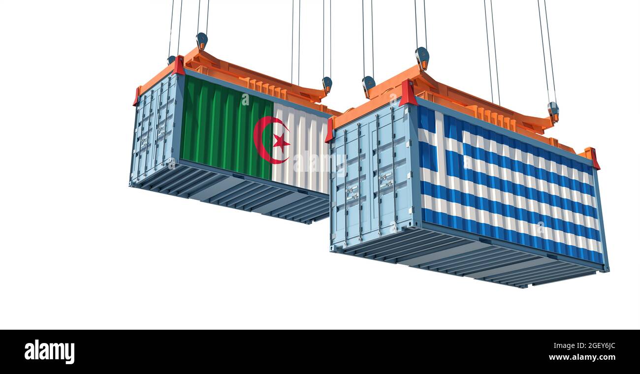 Freight containers with Algeria and Greece national flags. 3D Rendering Stock Photo