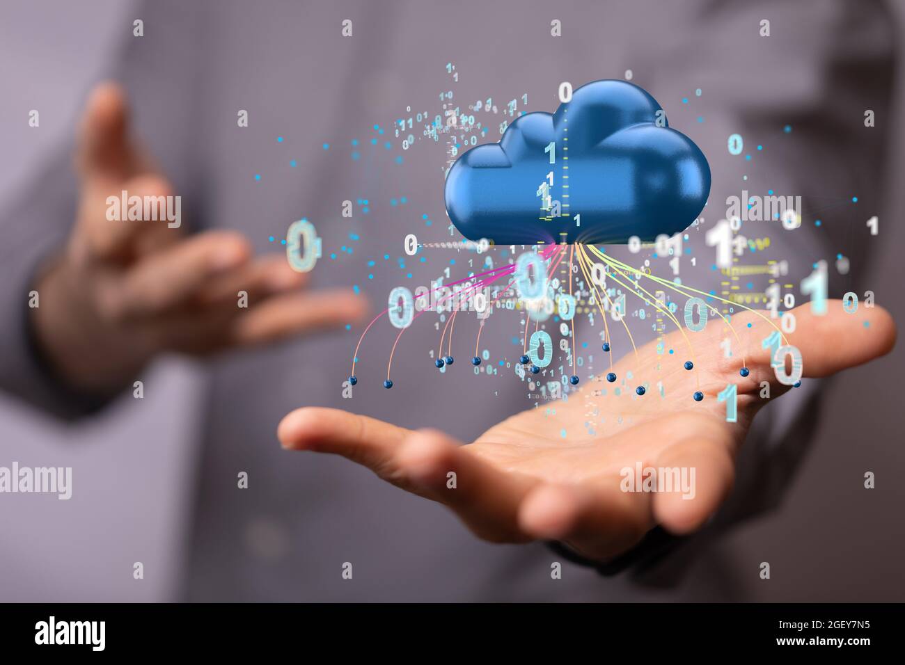 A digital concept of cloud computing and big data with binary code on a hand Stock Photo