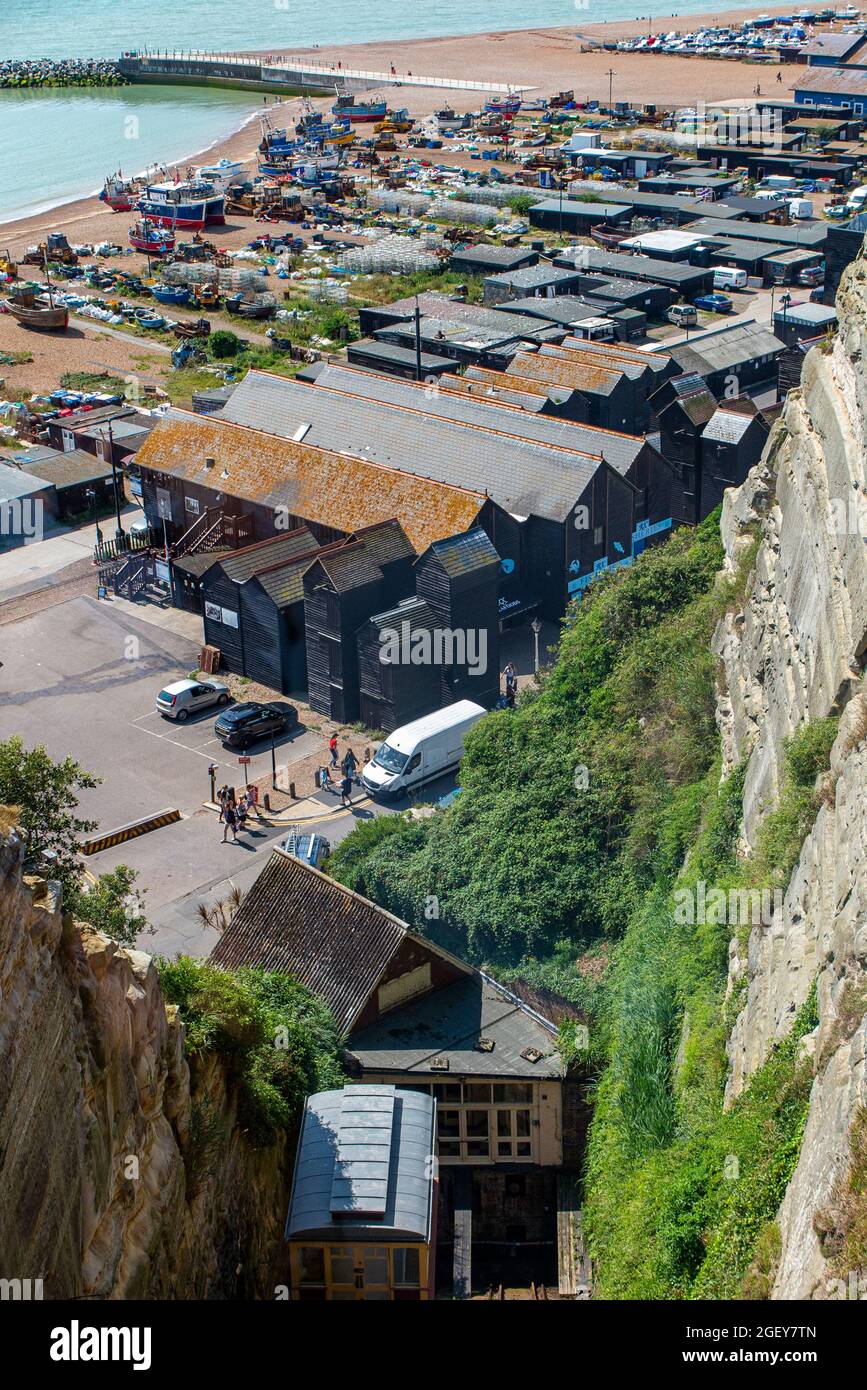Victorian sail storage huts in Hastings Old Town with the funicular