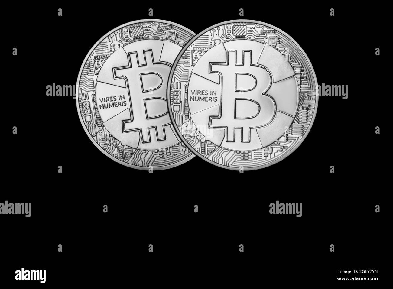 Bitcoin BTC Crypto Currency Coins. Stock Market Concept.Silver colored bitcoin representation coin Stock Photo