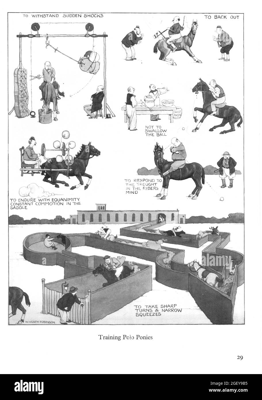 Page from William Heath Robinson (1872-1944) Inventions: Training Polo Ponies Stock Photo