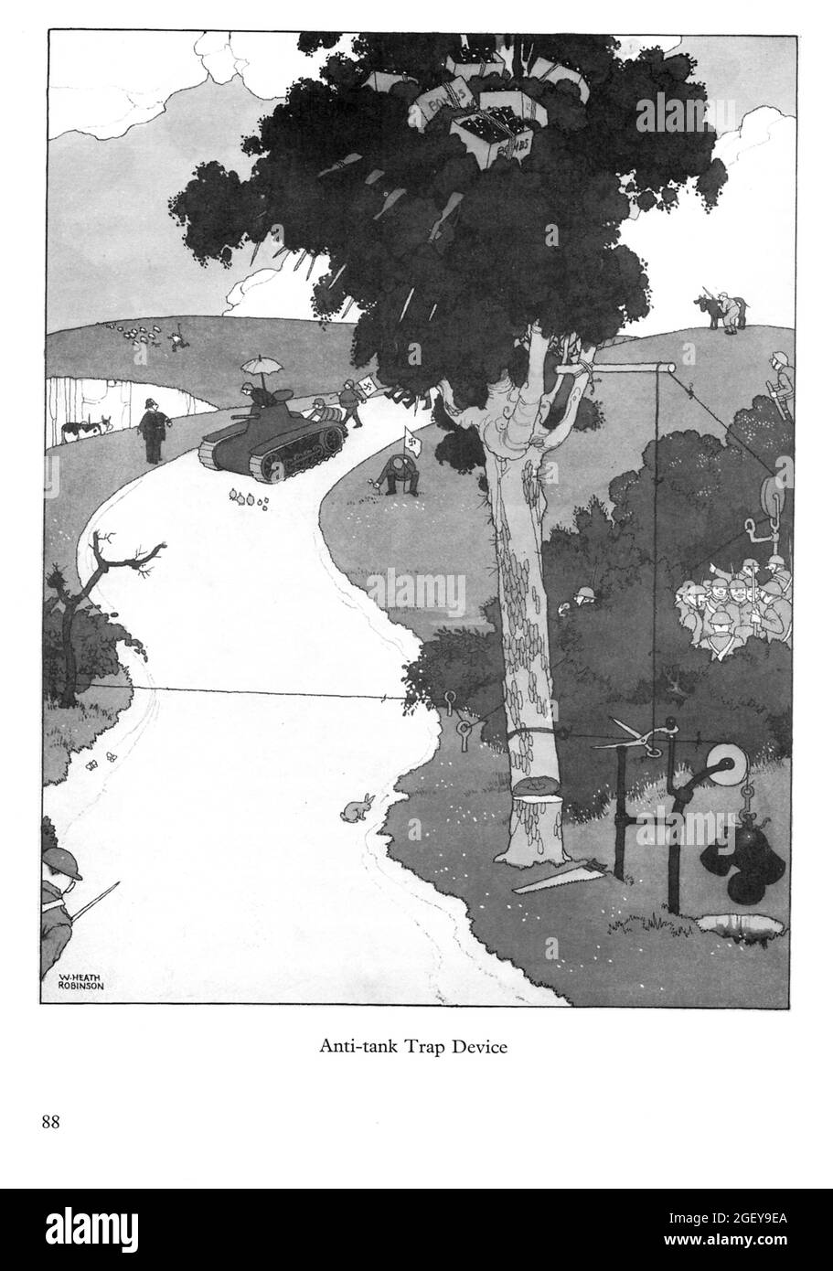 Page from William Heath Robinson (1872-1944) Inventions: Anti Tank Trap Device Stock Photo