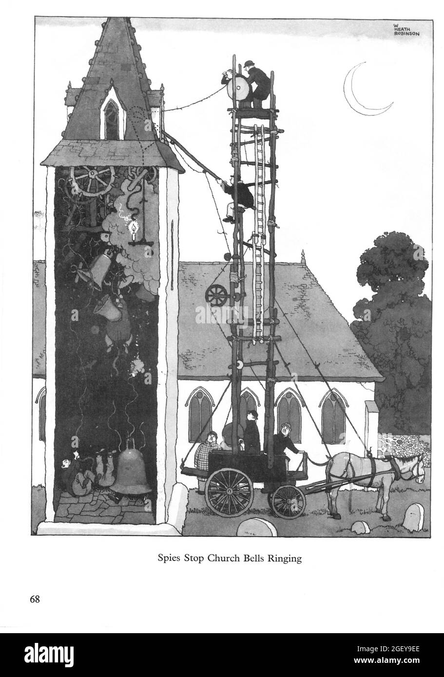 Page from William Heath Robinson (1872-1944) Inventions: Spies Stop Church Bells Ringing Stock Photo