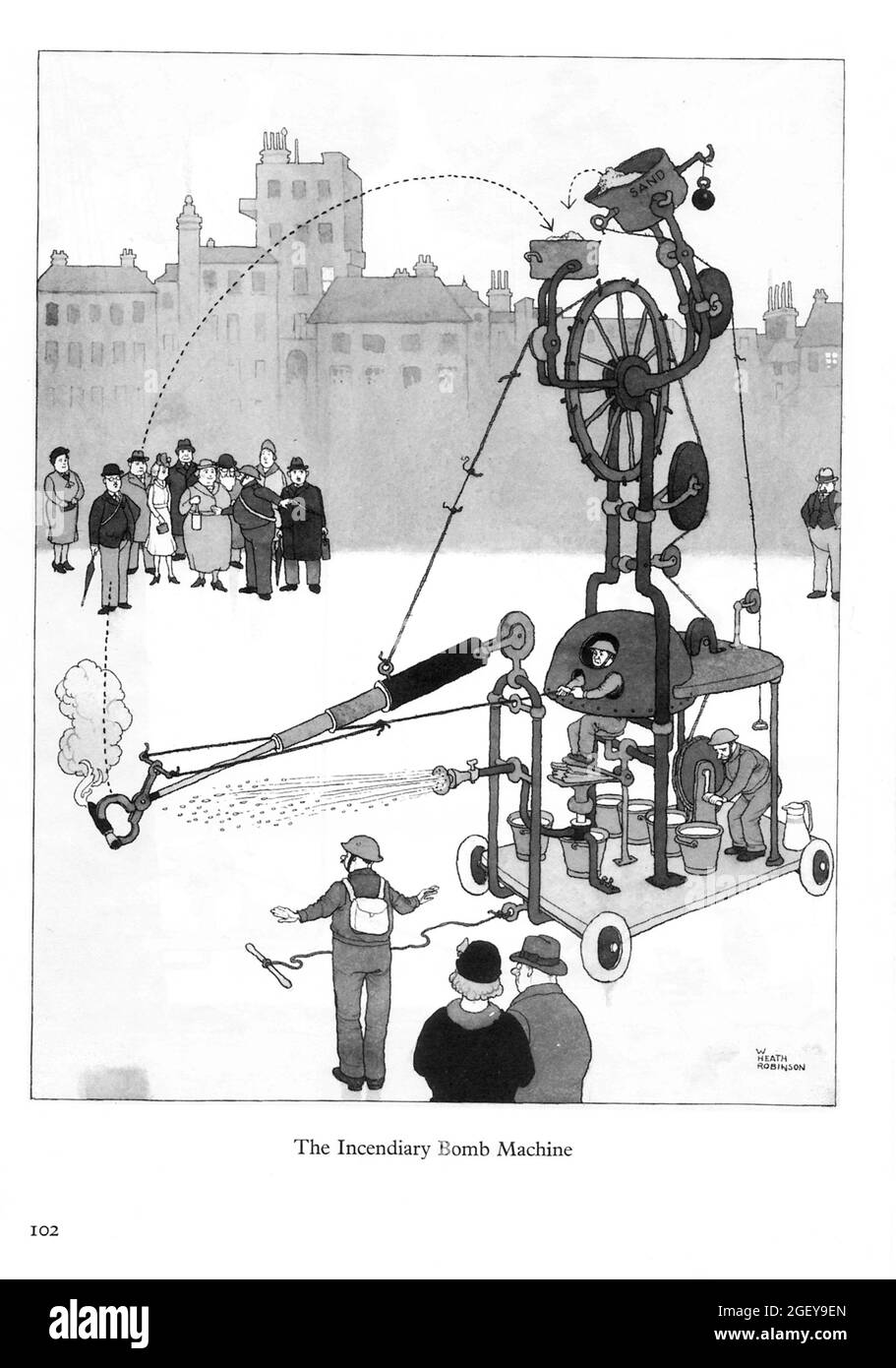 Page from William Heath Robinson (1872-1944) Inventions: The Incendiary Bomb Machine Stock Photo
